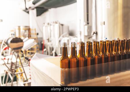 Line with empty brown beer bottles prepared for filling on microbrewery. Stock Photo