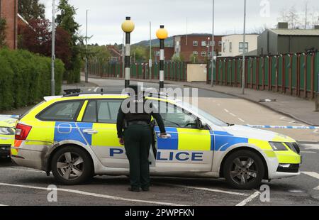 A Psni Officer On Ladas Drive In Belfast As A Man Has Been Arrested 