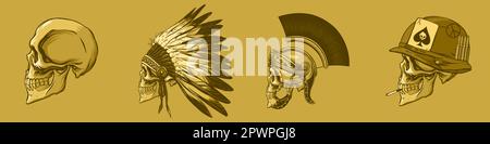 Monochrome set of skulls with headdresses of soldiers in hand draw style. Vector illustration. Stock Vector
