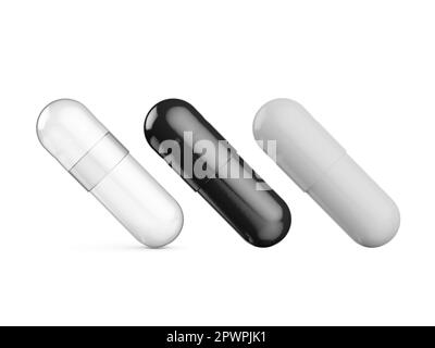 Two-piece hard starch capsules pills isolated on white background. Set of white, black, transparent colors for mock-up creation. 3d rendering illustra Stock Photo