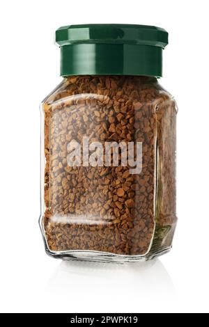 Jar of instant coffee without label isolated on white background. Front view. Stock Photo