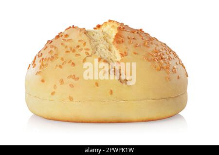Hamburger bun with sesame seeds isolated on a white background. Stock Photo