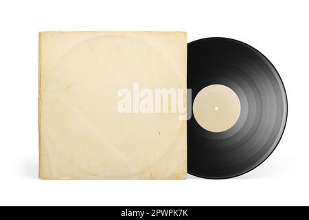 Aged yellow paper cover and vinyl LP record isolated on white background Stock Photo