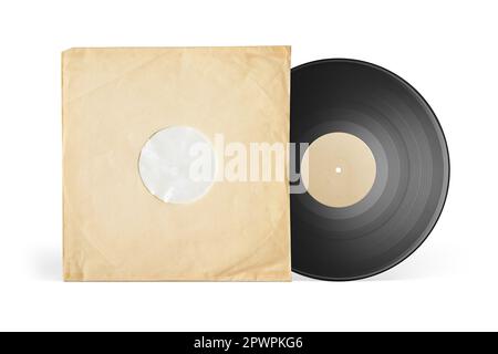 Aged yellow paper sleeve and vinyl LP record isolated on white background Stock Photo