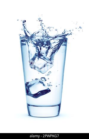 Ice cubes falling into a glass of water with splash, isolated on white background. Stock Photo