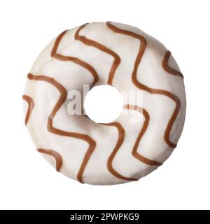 White donut with brown strips isolated on white background. Top wiew. Stock Photo