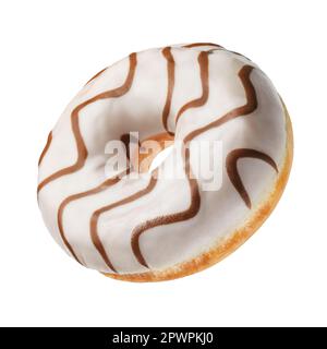 White donut with brown strips isolated on white background. Stock Photo