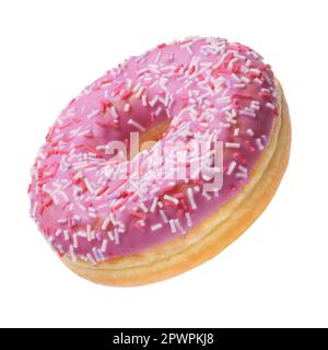 Pink donut with colorful sprinkles isolated on white background. Stock Photo