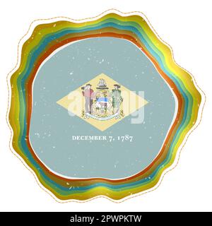 Delaware flag in frame. Badge of the US state. Layered circular sign around Delaware flag. Appealing vector illustration. Stock Vector