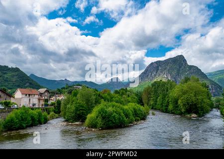 view of Overview of river and countryside, Tarascon-sur-Ariege, Ariege, Midi-Pyrenees, Stock Photo