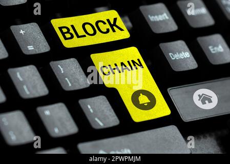 Text caption presenting Block Chain, Word Written on system in which a record of transactions made in bitcoin Stock Photo