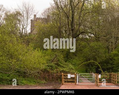 View of Abergavenny Castle Keep from path out of Castle Meadows through gate onto National Cycle Network No 42 cycle path from Llantony to Usk and Bry Stock Photo