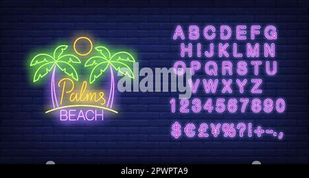 Palms, beach neon text with sun Stock Vector