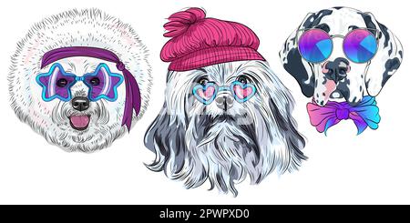 Set of hipster dogs in trendy multicolored mirror sunglasses, Star Disco Bichon, Lion Bichon and Harlequin Great Dane breed Stock Vector