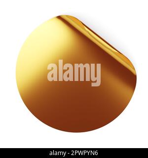 Blank golden round adhesive sticker mock up with curved corner. 3D rendering illustration. Stock Photo