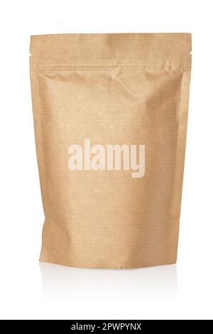 Brown kraft paper pouch bag isolated on white background. Mock-up template for design. Stock Photo