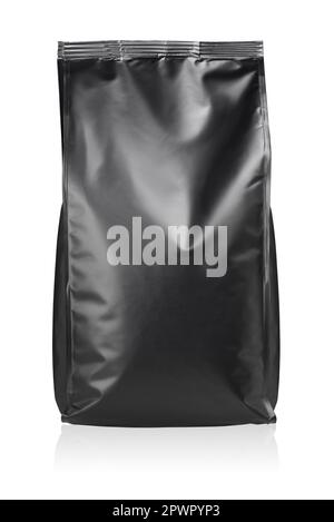 Black plastic pouch bag isolated on white background, Stock Photo
