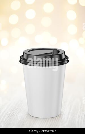 Blank white disposable coffee paper cup with black plastic lid with lights on wood table. 3d rendering illustration. Stock Photo