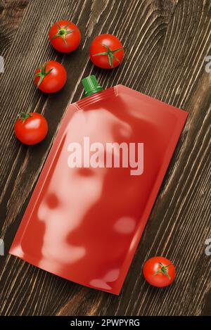 Red plastic pouch bag with a corner lid on wooden table. 3d rendering illustration. Stock Photo