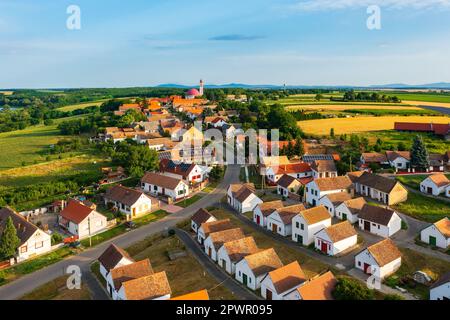 Aerial view about Palkonya which is a one-street village located at the northeastern end of the Villány Mountains, Winecountry. Famous about mostly sm Stock Photo