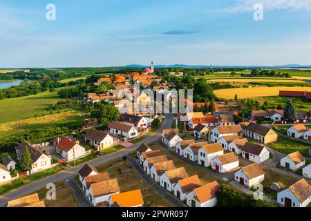 Aerial view about Palkonya which is a one-street village located at the northeastern end of the Villány Mountains, Winecountry. Famous about mostly sm Stock Photo