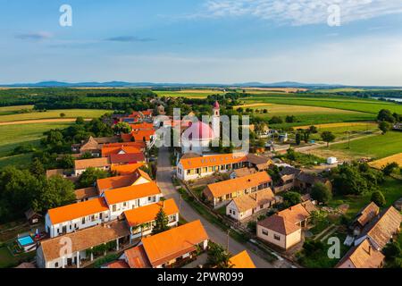 Aerial view about Palkonya which is a one-street village located at the northeastern end of the Villány Mountains, Winecountry. Famous about mostly sm Stock Photo