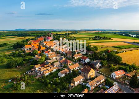 Aerial view about Palkonya which is a one-street village located at the northeastern end of the Villány Mountains, Winecountry. Famous about mostly sm Stock Photo