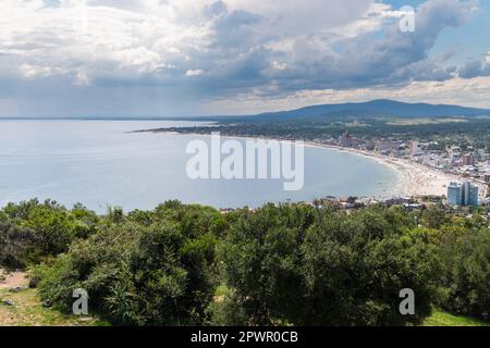 Panoramic view of the city of Piriapolis, from the top of Cerro San Antonio, on a day with stormy clouds on the horizon Stock Photo
