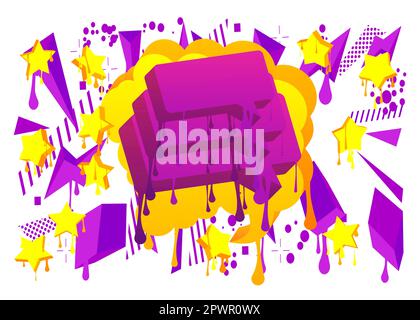 Yellow Speech Bubble Graffiti with purple elements isolated on white Background. Urban painting style backdrop. Abstract discussion symbol in modern d Stock Vector