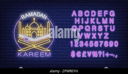 Ramadan Kareem neon text with mosque and Koran in circle Stock Vector