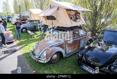 Hanover, Germany. 01st May, 2023. Phillip and Alina lie in the tent on their Volkswagen Beetle at the 40th May Beetle Meeting. Many hundreds of owners of Beetles and other vintage VWs met in the capital of Lower Saxony. Tens of thousands of visitors flocked to the exhibition grounds. Credit: Julian Stratenschulte/dpa/Alamy Live News Stock Photo