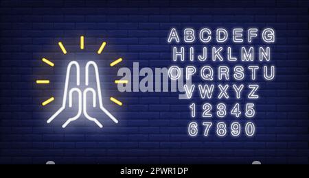 Shining Namaste gesture neon sign Stock Vector