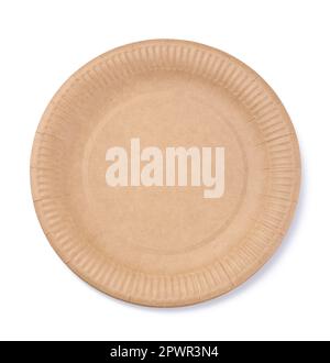 Empty brown disposable cardboard plate for food on a white isolated background, top view Stock Photo