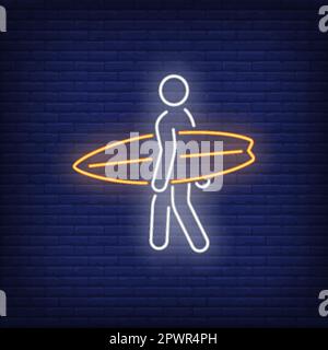 Stick man carrying surfboard neon sign Stock Vector