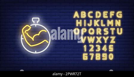 Arm showing biceps and stopwatch neon sign Stock Vector