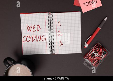Sign displaying Web Coding, Conceptual photo work involved in developing a web site for the Internet Stock Photo