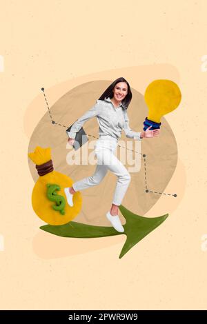 Photo of professional ceo manager representative director hold netbook run light bulb budget rising salary isolated on beige background Stock Photo