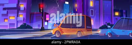 Night city street with cars in rainy weather. Vector cartoon illustration of autos stop before crossroads, red traffic light, lightning bolt in dark s Stock Vector