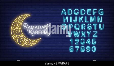 Ramadan Kareem neon text with crescent moon Stock Vector