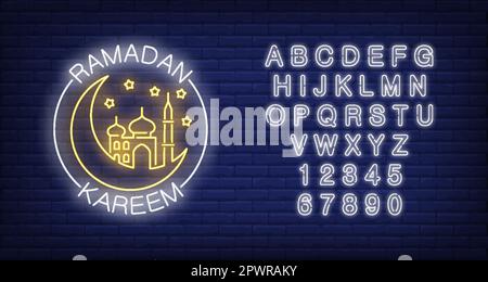 Ramadan Kareem neon text with crescent moon and mosque Stock Vector
