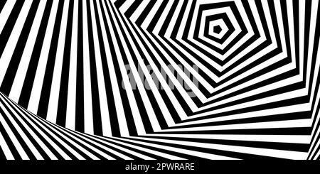 Optical illusion background. Black and white abstract geometric spiral surface. Poster design. Torsion illusion wallpaper. Vector illustration Stock Vector