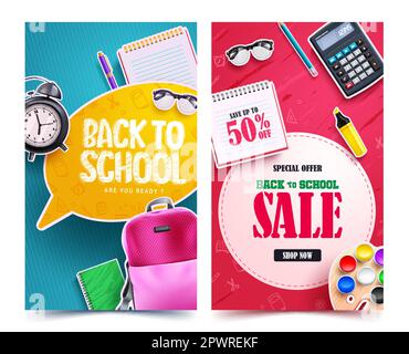 Back to school sale vector poster set design. Back to school promo with student supplies special offer discount. Vector illustration educational sale Stock Vector