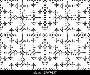 Icelandic inspired folk art vector seamless pattern with geometric tribal line art designs, moons and flowers Stock Vector