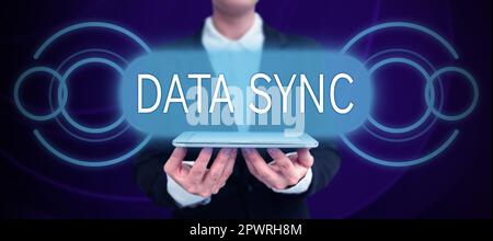 Conceptual caption Data Sync, Business idea data that is continuously generated by different sources Stock Photo