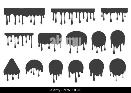 Melted drips shapes. Drop flow of black liquid isolated on white background. Sauce chocolate ink splashes. Vector illustration Stock Vector