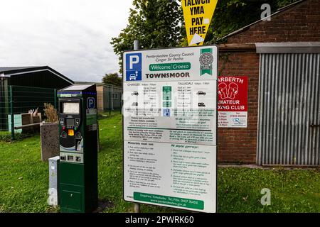 Narberth, Pembrokeshire, Wales, UK, Narberth town, towns, town, Narberth town car park machine, car park ticket machine Stock Photo