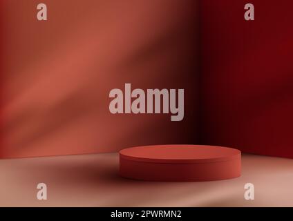 3D realistic empty red podium platform stand minimal wall scene on red background with natural light. Product display mockup for beauty cosmetic, show Stock Vector