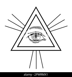 All-Seeing Eye of God, or the Eye of Providence. A triangle surrounded by rays of light or glory represents the divine providence. God is watching us. Stock Photo