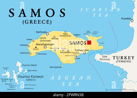 Samos, Greek island, political map. Island in the eastern Aegean Sea, and separated of the western Turkey coast by the Mycale Strait. Stock Photo