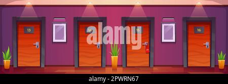 Hotel hallway corridor with apartment room door in building. Lobby interior with closed bedroom with lamp and light in motel aisle. Hostel or condomin Stock Vector